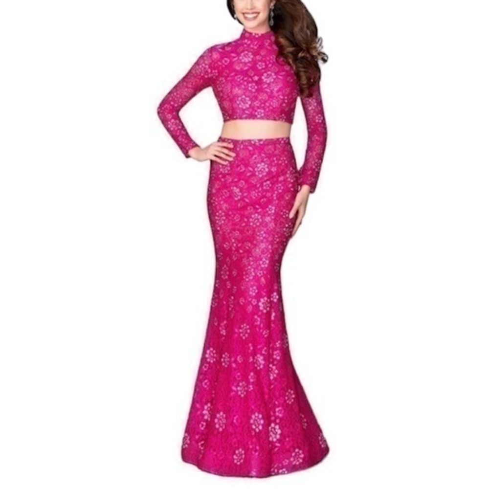 La Femme Hot Pink Two-Piece Lace Evening Gown
